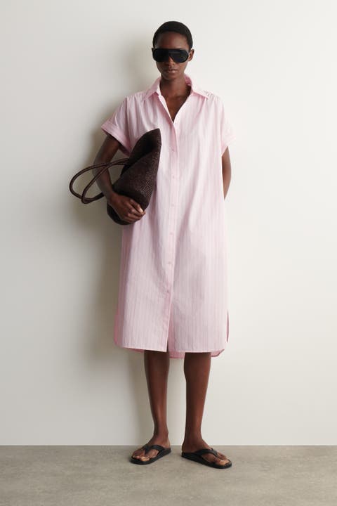 Striped Short-sleeved Cotton Shirt Dress