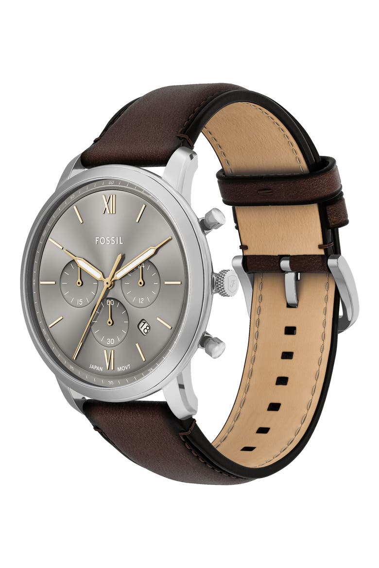 Neutra Chronograph Leather Strap Watch, 44mm, Alternate, color, BROWN/ GREY