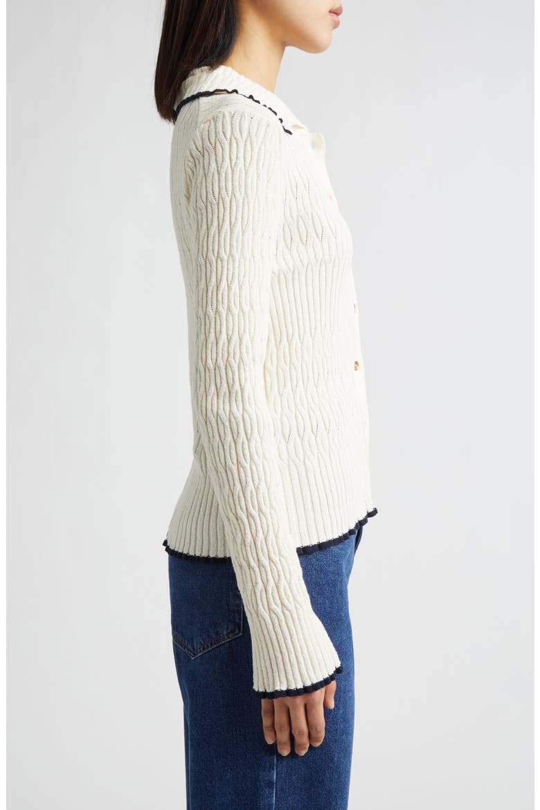 Contrast Trim Pointelle Cable Knit Cardigan, Alternate, color, IVORY
