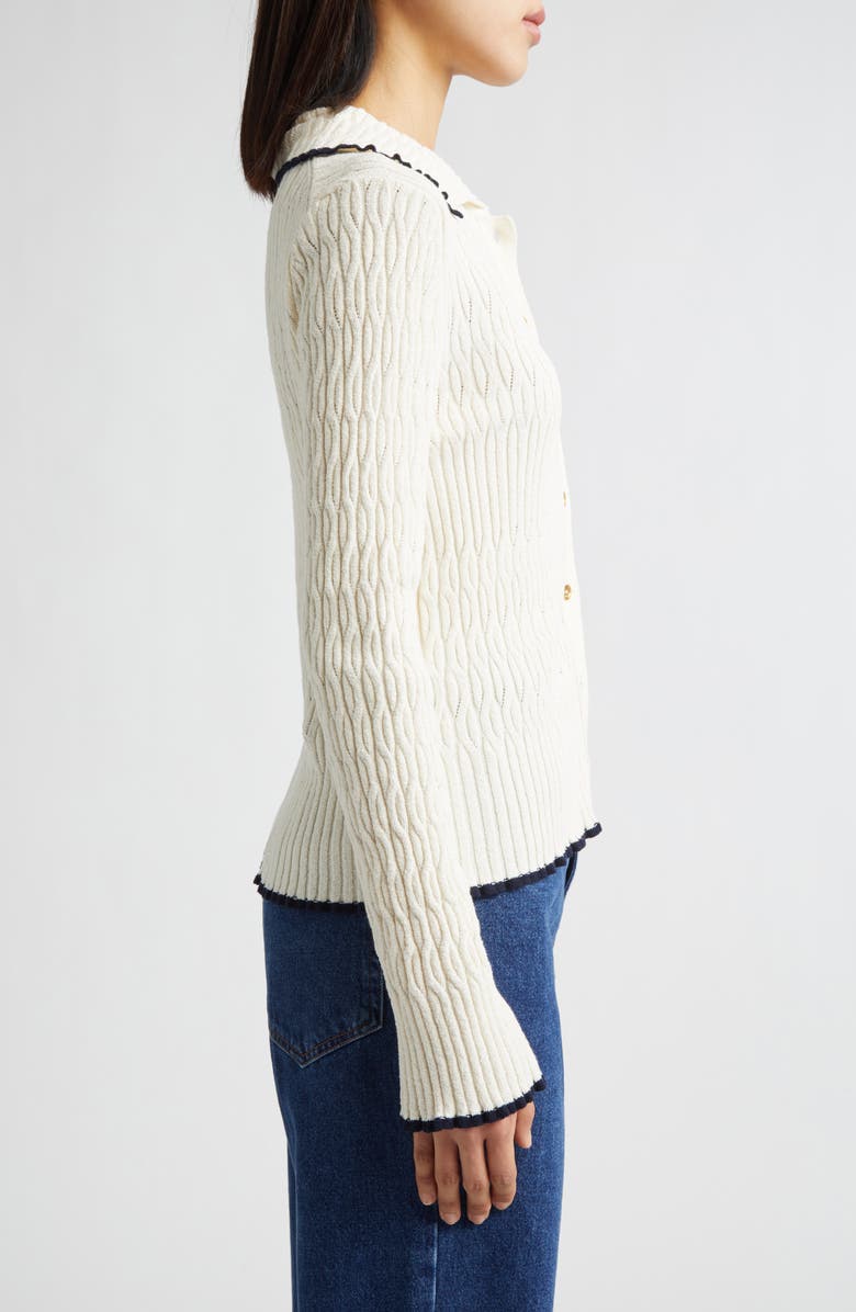 EENK Contrast Trim Pointelle Cable Knit Cardigan, Alternate, color, Ivory