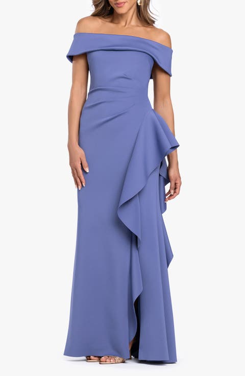 Ruffle Off the Shoulder Scuba Knit Gown
