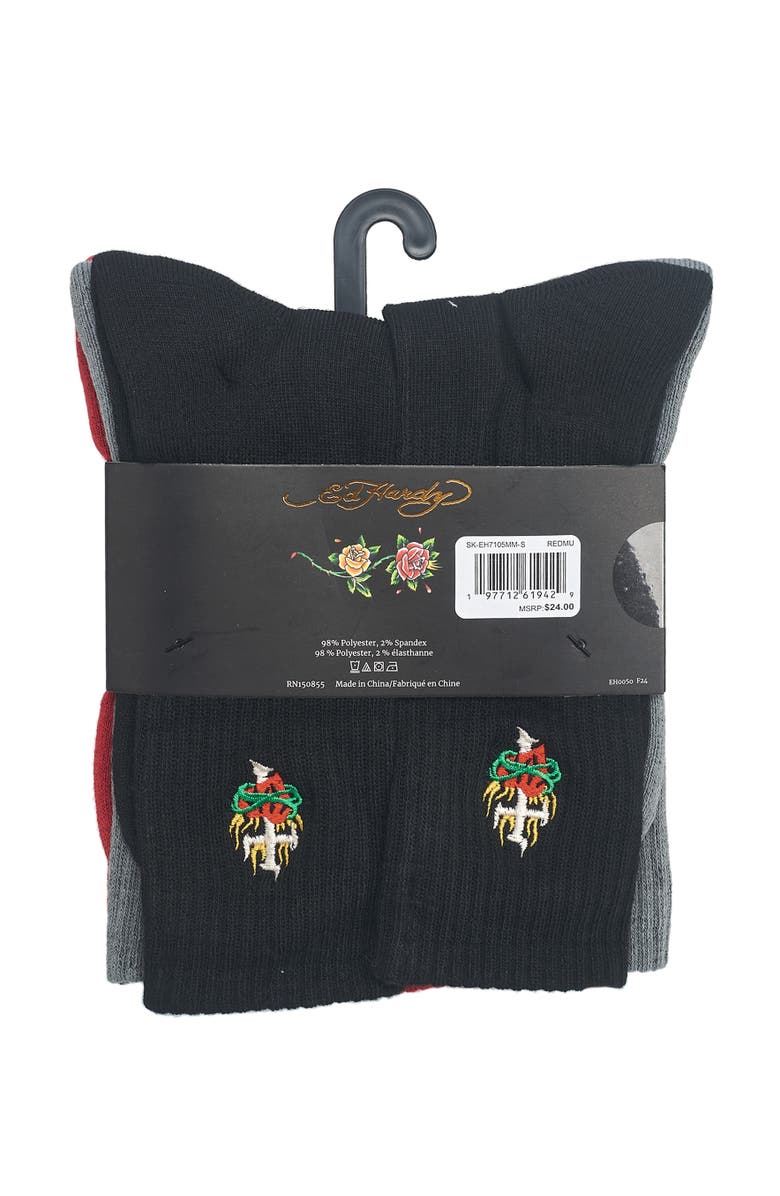 Ed Hardy Embroidery Half Cushion Crew Sock 5-Pack, Alternate, color, Red Multi