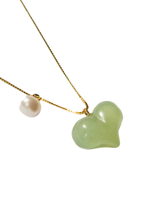 Puffed heart Green jade & pearl pendant necklace