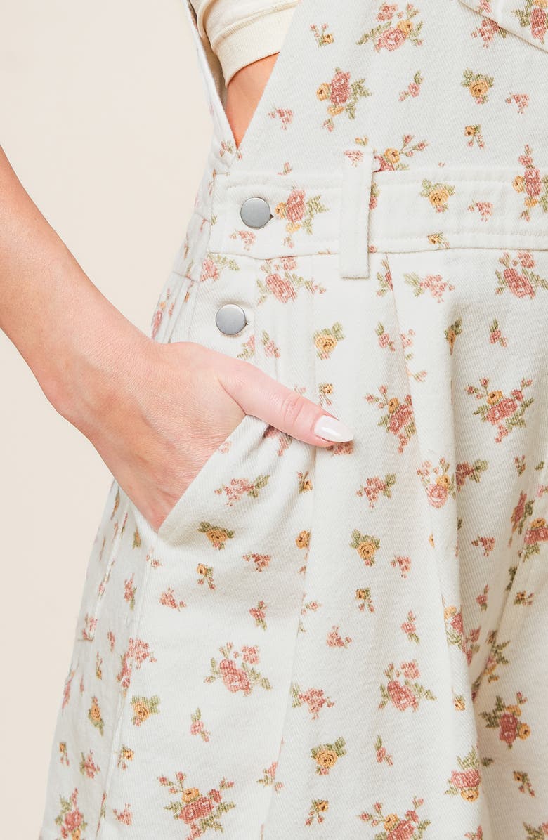 FLYING TOMATO Floral Denim Shortalls, Alternate, color, Off White Multi