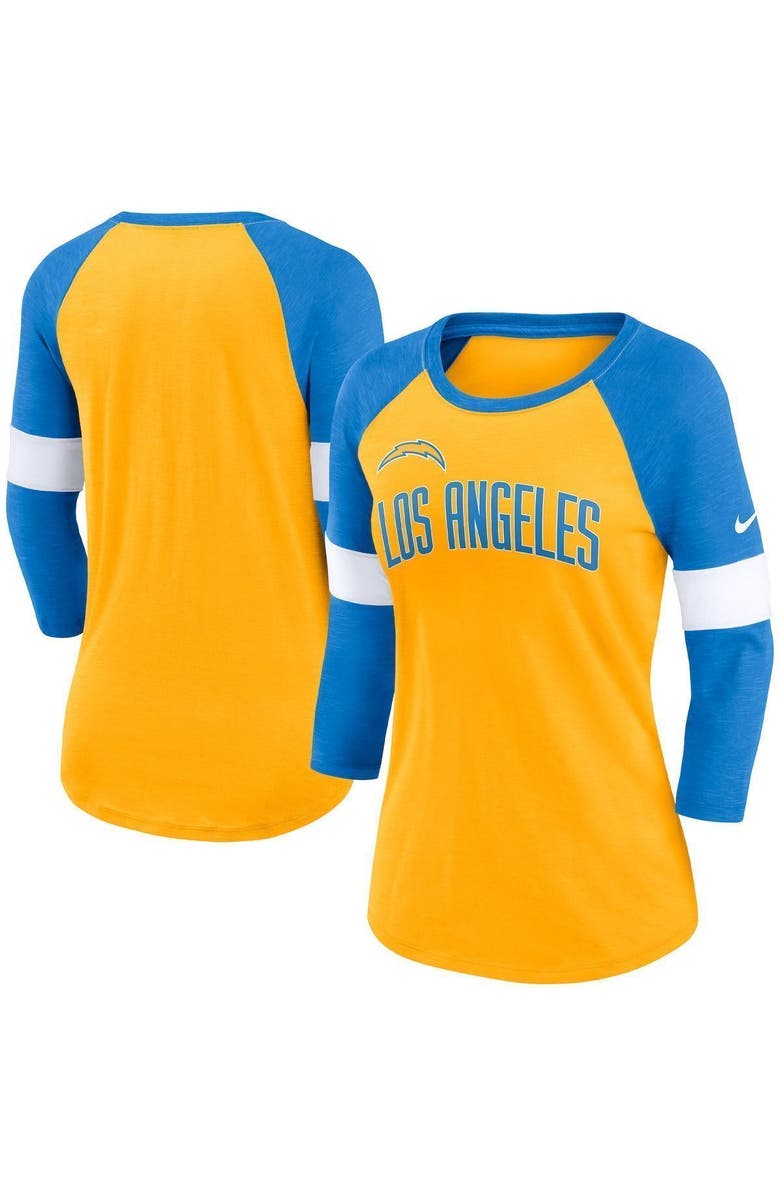 Nike Women's Nike Los Angeles Chargers Heather Gold/Heather Powder Blue Football Pride Raglan 3/4-Sleeve T-Shirt, Main, color,