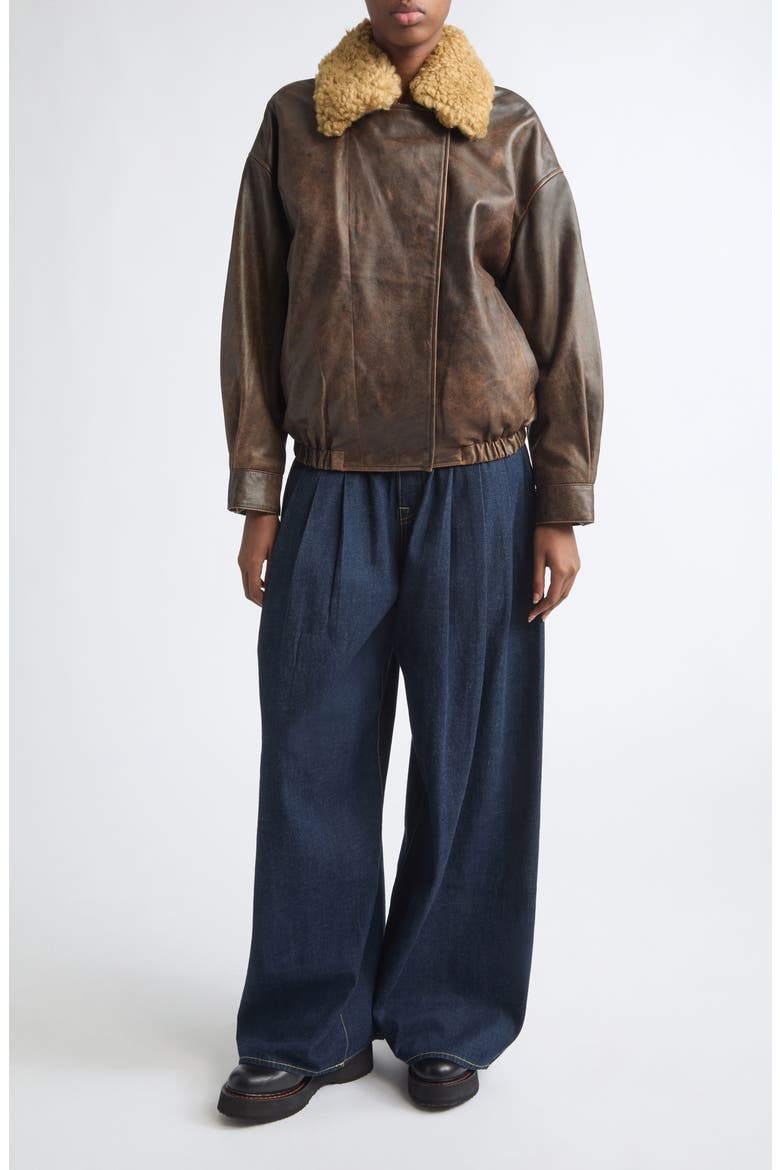 Leather Bomber Jacket with Removable Genuine Shearling Collar, Alternate, color, BROWN