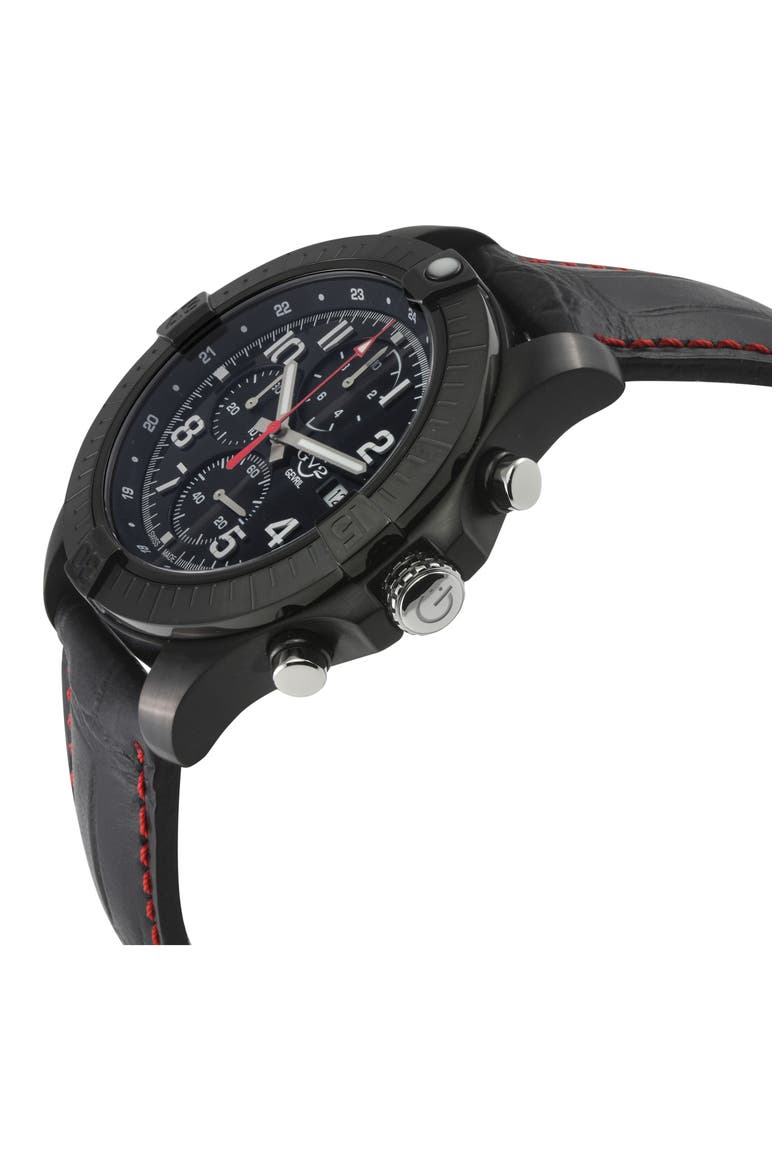 T38 Chronograph Croc Embossed Leather Strap Watch, 45mm, Alternate, color, BLACK
