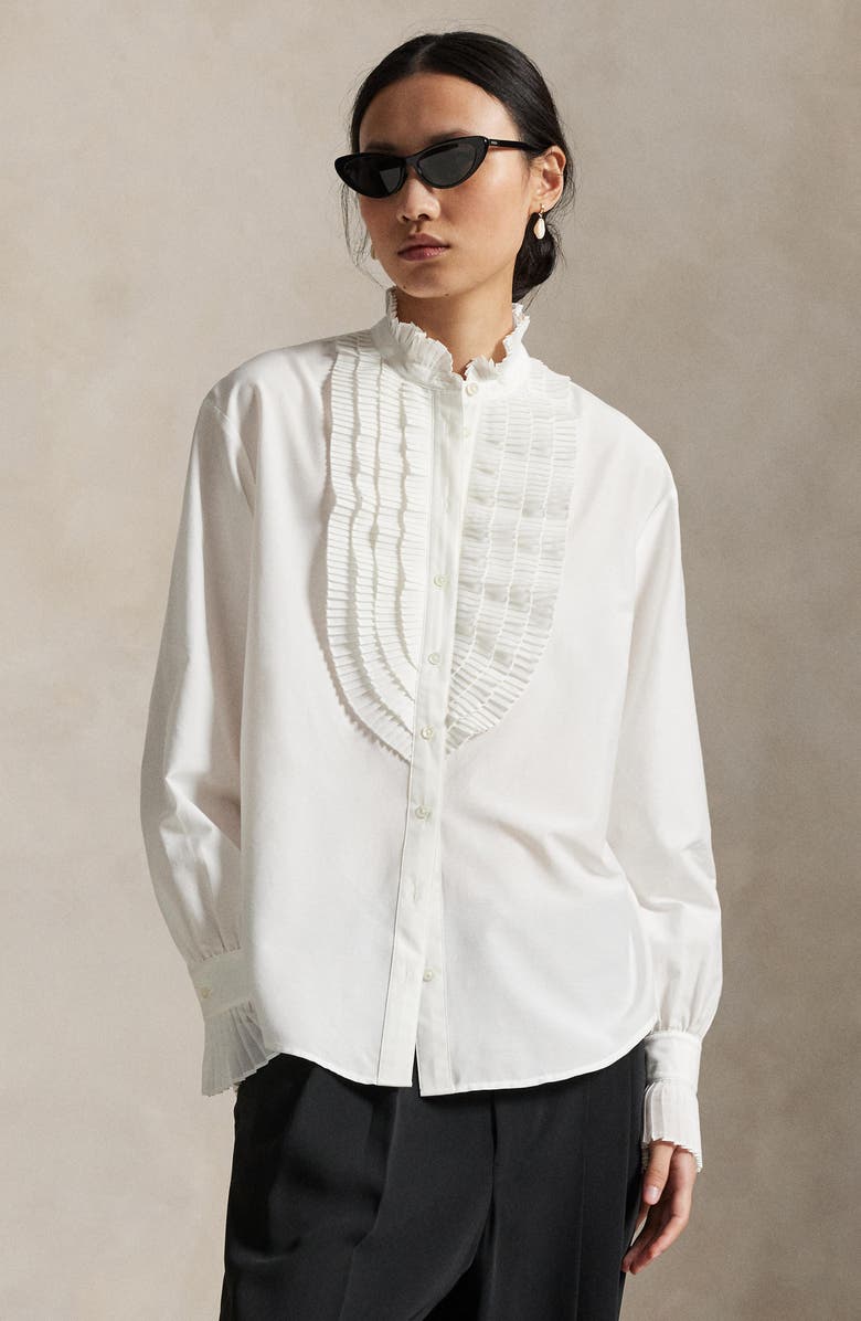 Polo Ralph Lauren Pleate Bib Cotton & Silk Button-Up Shirt, Alternate, color, White