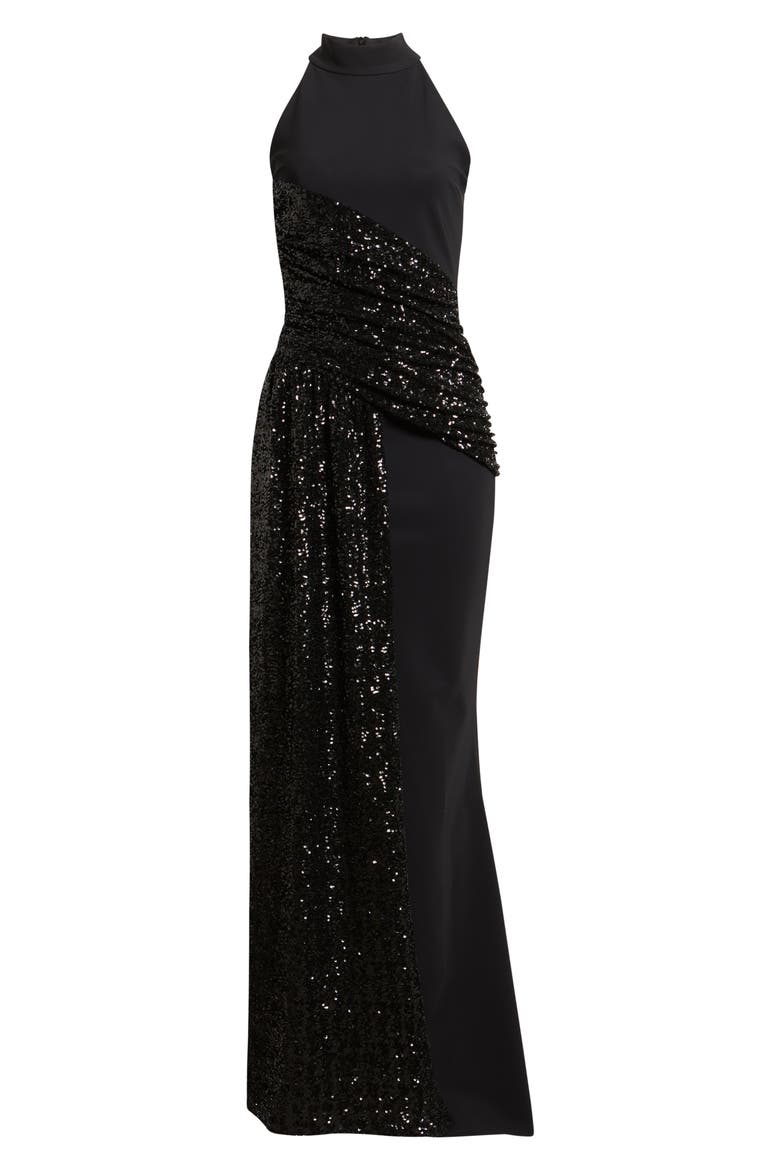 Virgo Sequin Drape Mermaid Gown, Alternate, color, 37 BLACK
