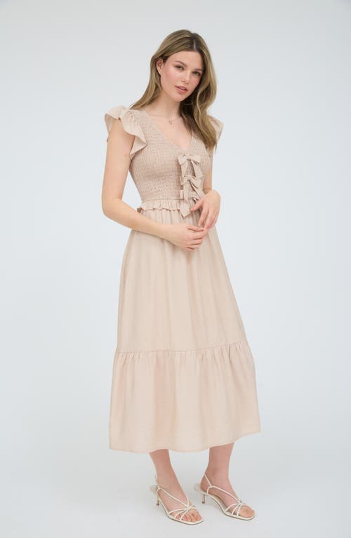 BLU PEPPER BLU PEPPER BOW CAP SLEEVE SMOCKED FIT & FLARE MIDI DRESS