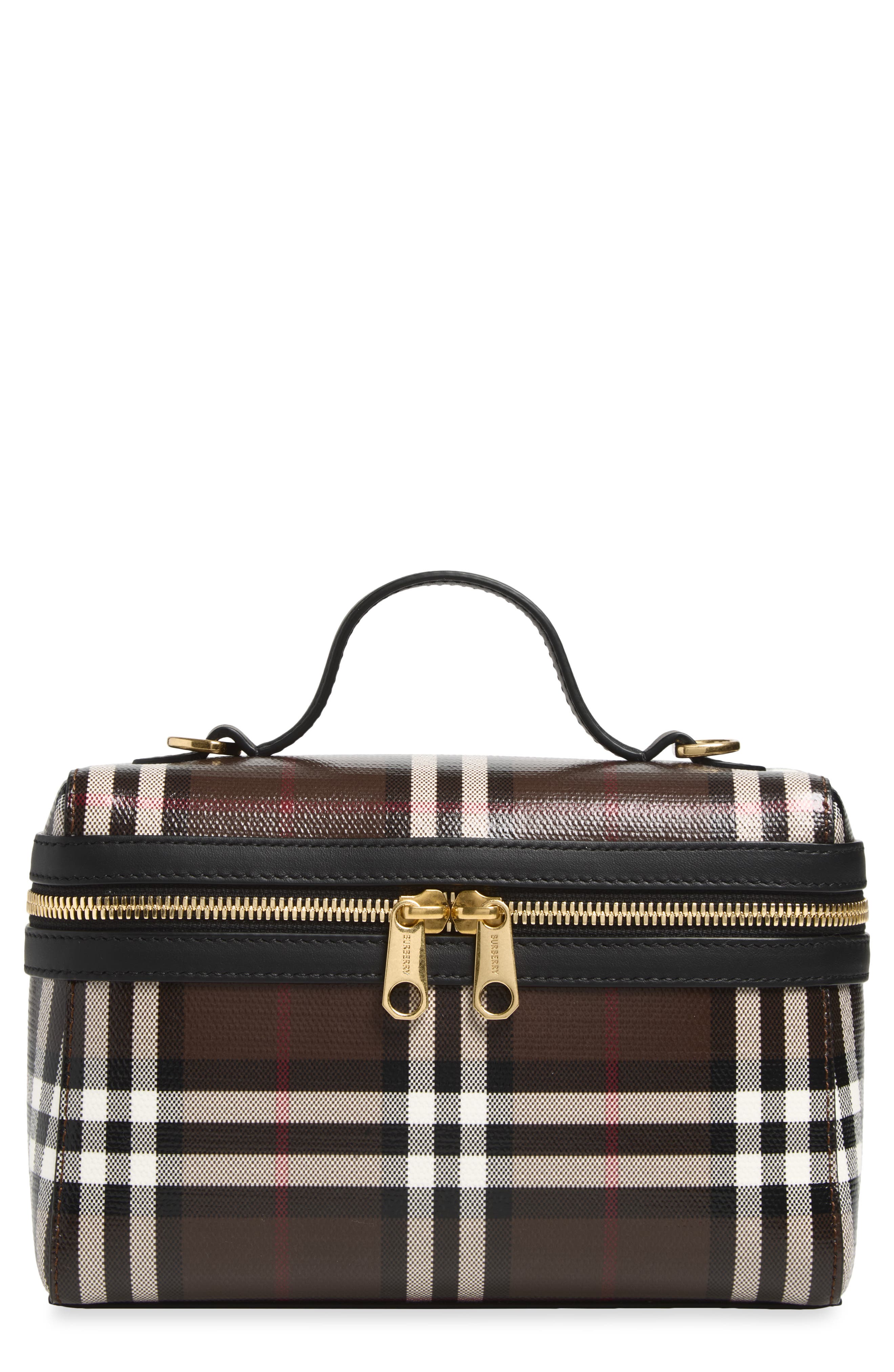 Check Coated Canvas Vanity Case, Main, color, CHOCOLATE BROWN