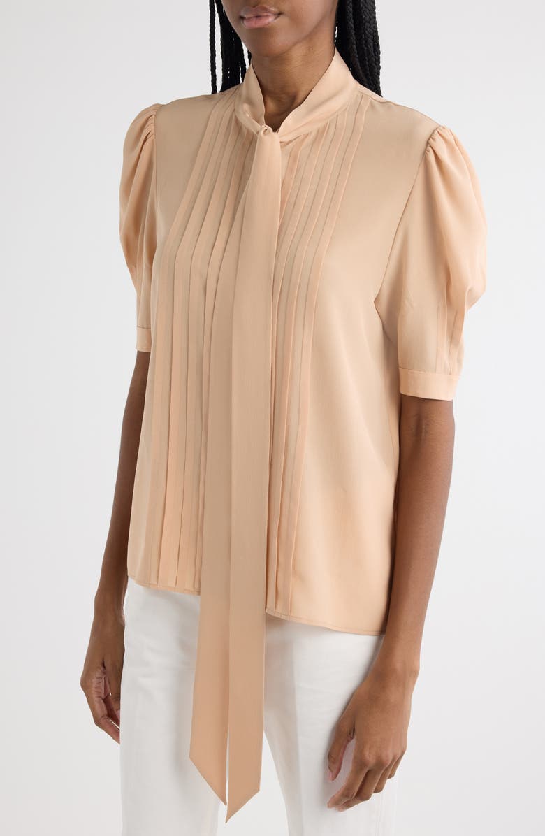 Chloé Tie Neck Short Sleeve Silk Crêpe de Chine Button-Up Shirt, Alternate, color, 