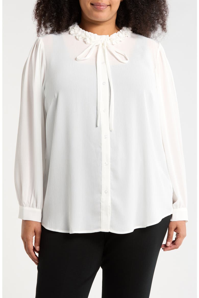 Flower Tie Neck Button-Up Shirt, Main, color, IVORY