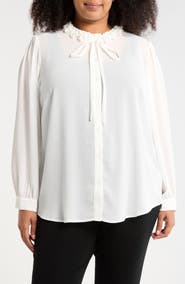 Adrianna Papell Flower Tie Neck Button-Up Shirt
