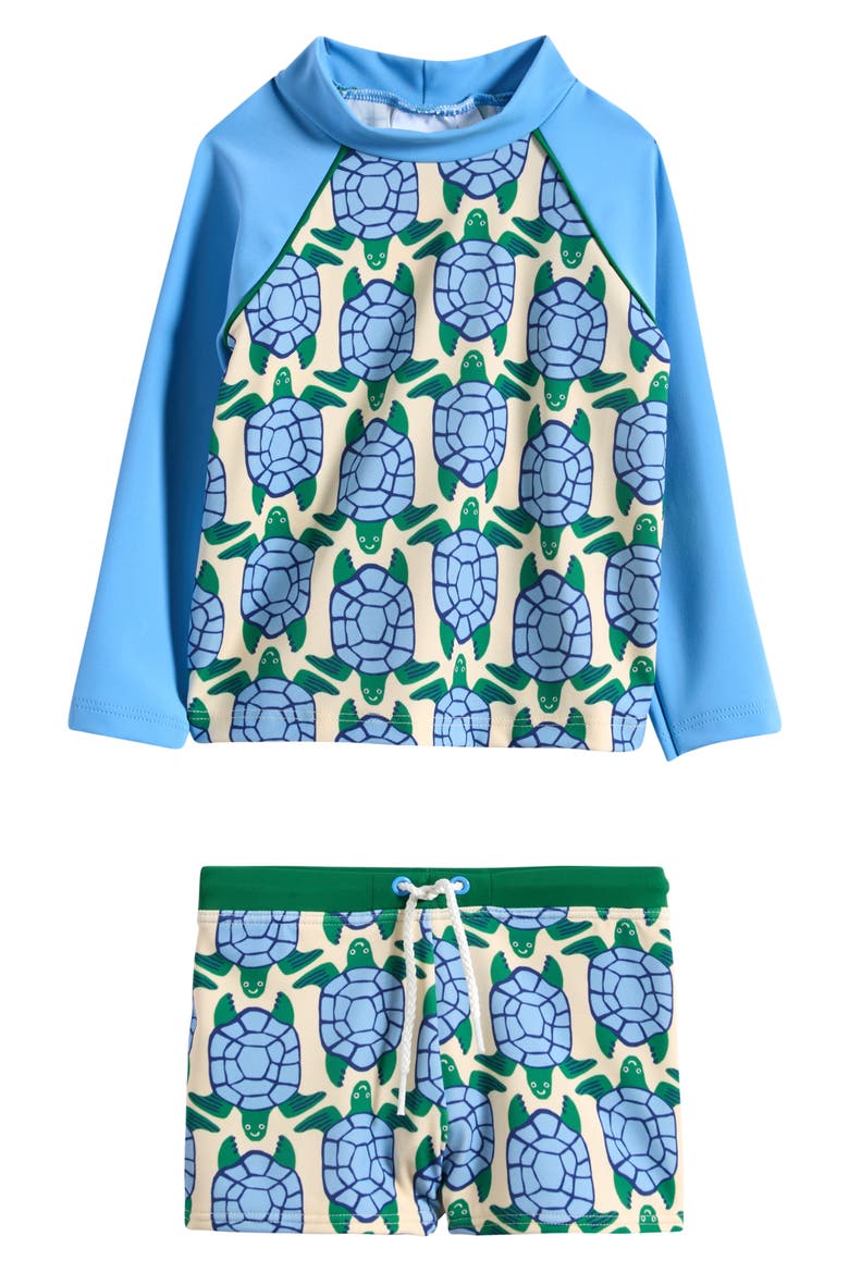 Turtle Print Rash Guard & Swim Trunks Set, Main, color, BLUE GEO TURTLES