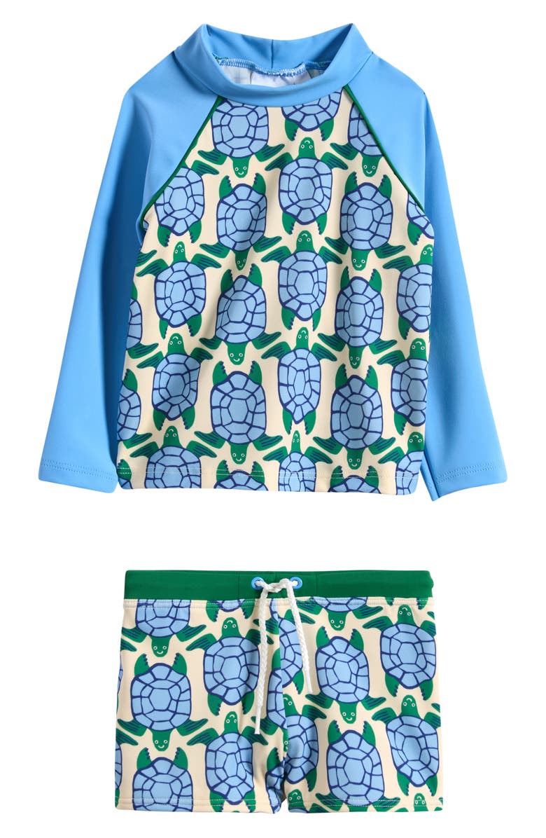 Mini Boden Turtle Print Rash Guard & Swim Trunks Set, Main, color, Blue Geo Turtles