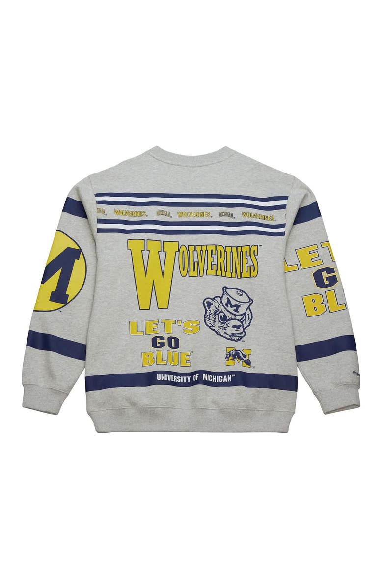 Men's Mitchell & Ness Heather Gray Michigan Wolverines All Over Print Sweatshirt, Alternate, color, Heather Gray