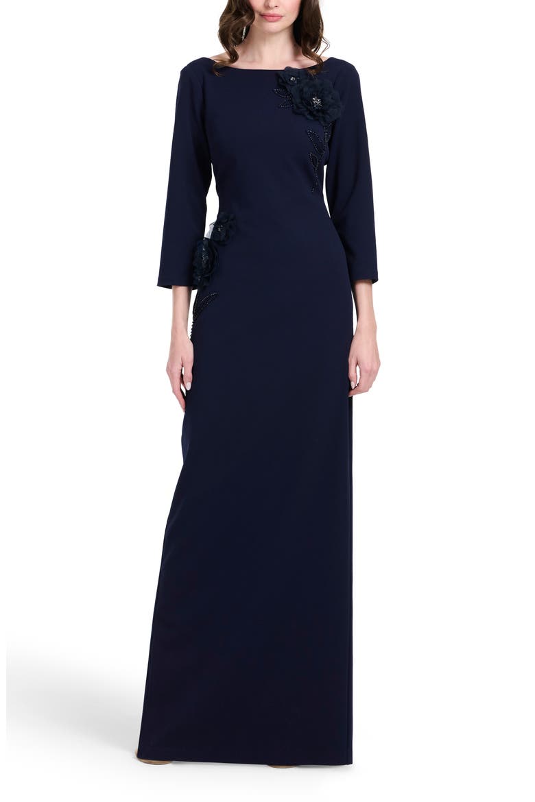 Stretch Crepe Floral Appliqué Gown, Main, color, NAVY