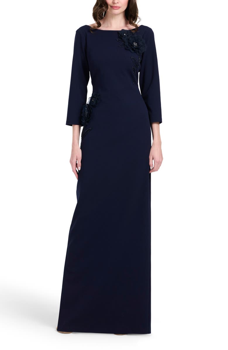 EMILY SHALANT Stretch Crepe Floral Appliqué Gown, Main, color, Navy