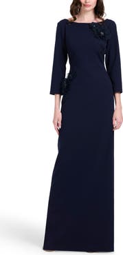 EMILY SHALANT Stretch Crepe Floral Appliqué Gown