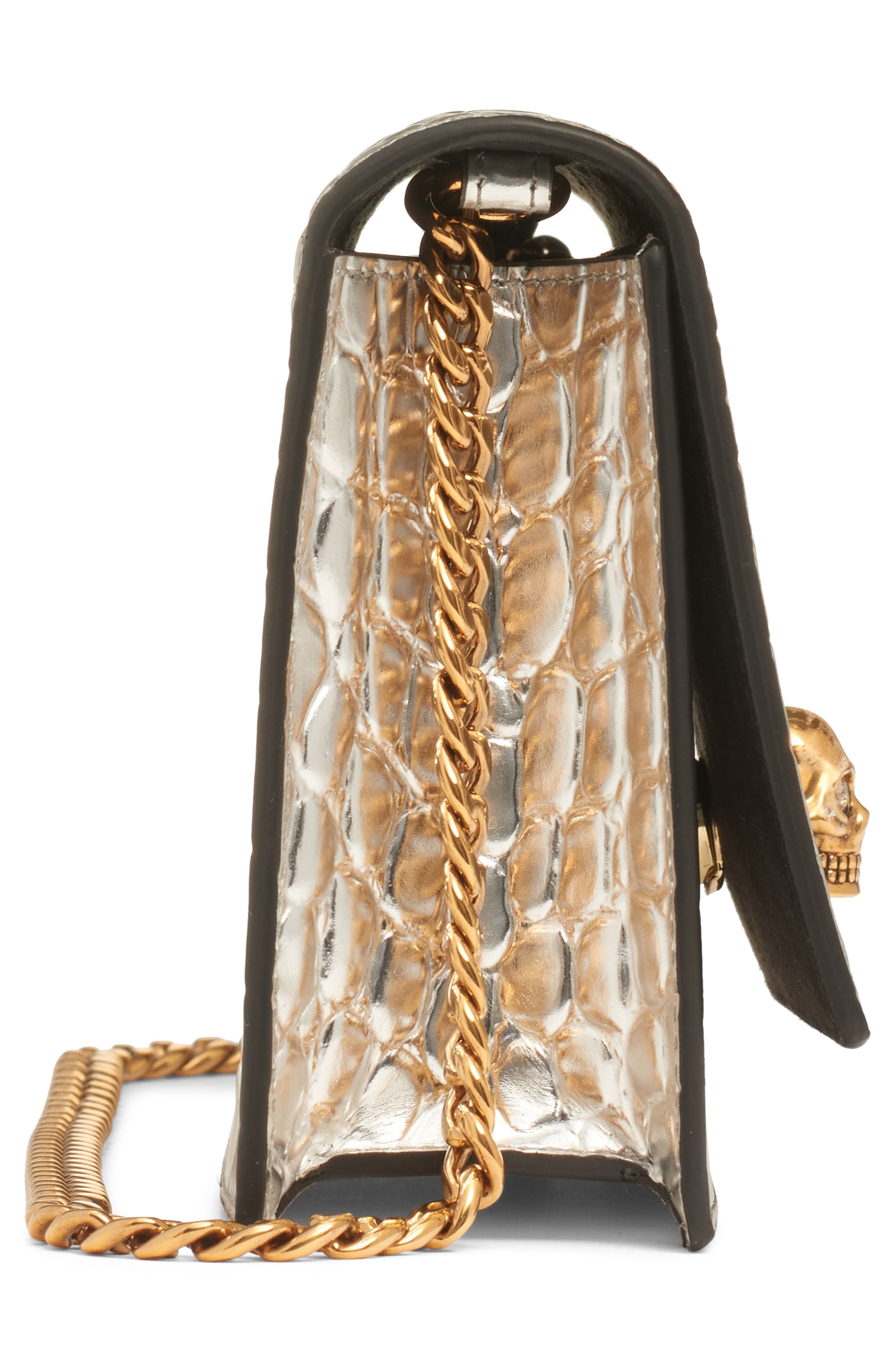 McQueen Small Skull Croc Embossed Leather Shoulder Bag, Alternate, color, 