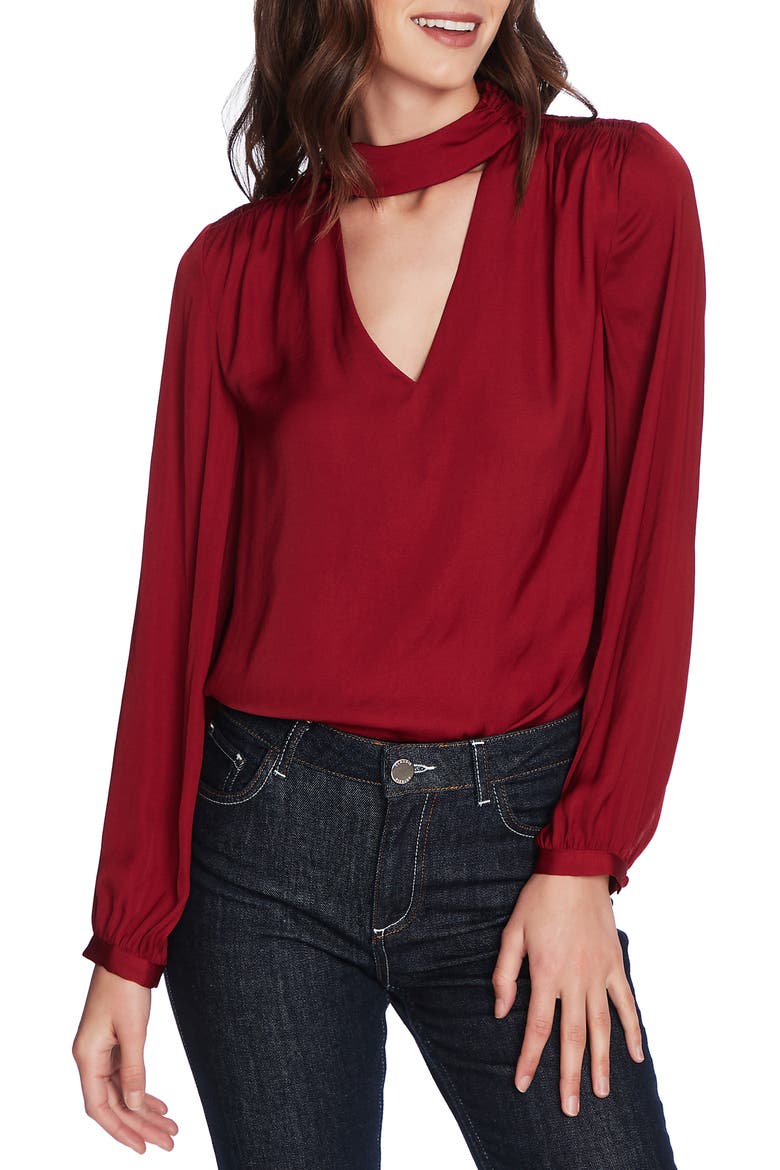Mock V-Neck Blouse, Main, color, RICH CRANBERRY