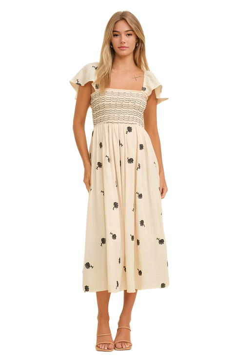 Smocked Bodice Midi Dress with Delicate Floral Accents