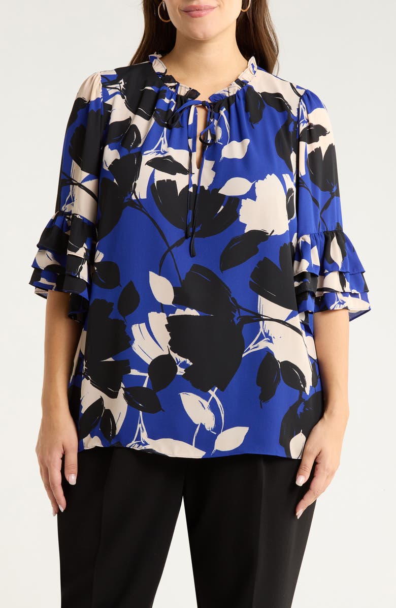 SUGARLIPS Anthem Print Ruffle Top, Main, color, Blue-Black