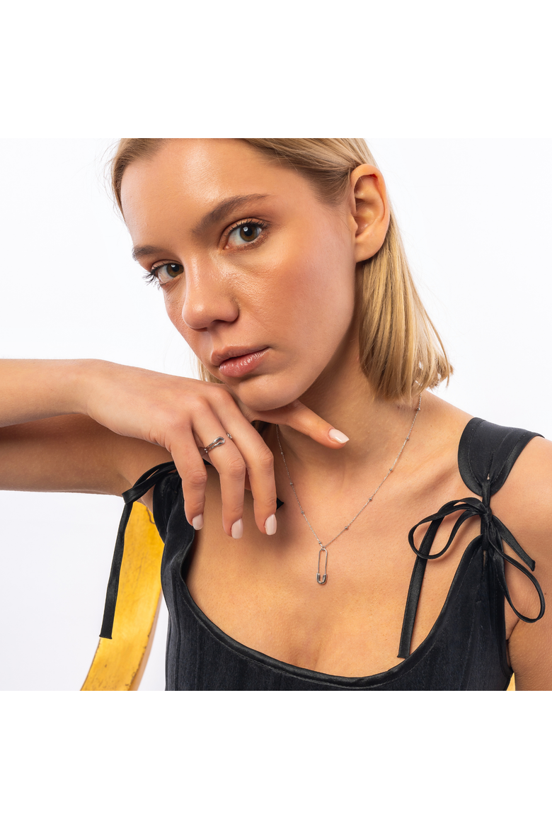 Sterling Silver Safety Pin Necklace With Beaded Satellite Chain, Alternate, color, Silver