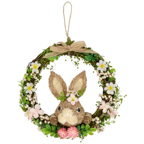 Floral Grapevine Small Artificial Wreath with Sisal Rabbit - 11" - Green and Pink