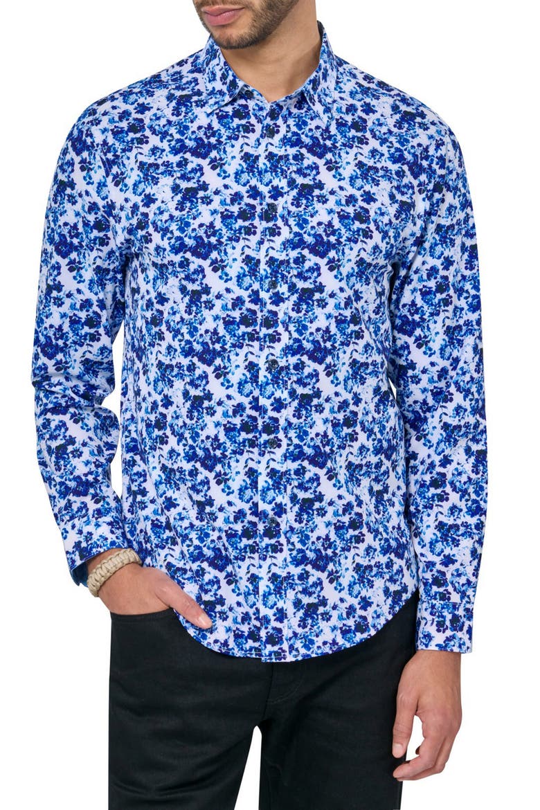 Slim Fit Watercolor Floral 4-Way Stretch Performance Long Sleeve Shirt, Main, color, BLUE