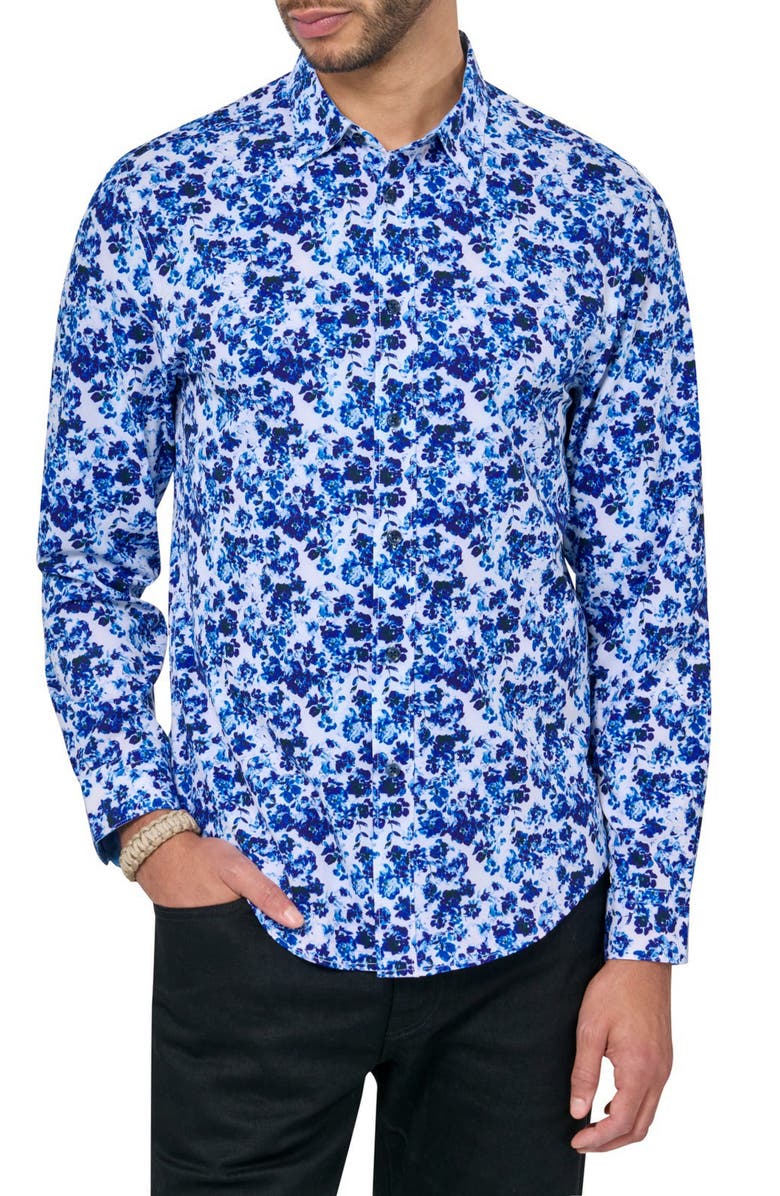 Brooklyn Brigade Slim Fit Watercolor Floral 4-Way Stretch Performance Long Sleeve Shirt, Main, color, Blue