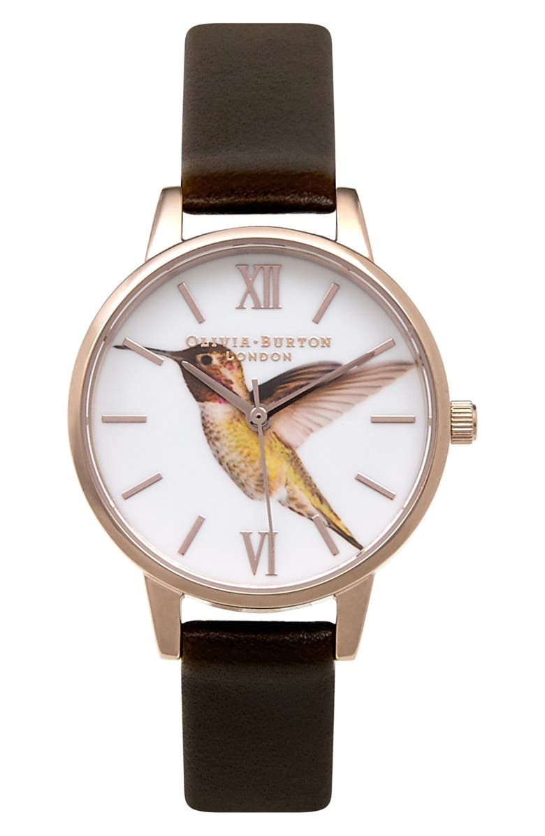 Olivia Burton 'Woodland Hummingbird' Leather Strap Watch, 30mm, Main, color,