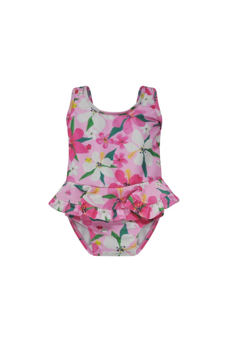 UPF 50+ Stella Infant Ruffle Swimsuit, Main, color, Hibiscus Dream