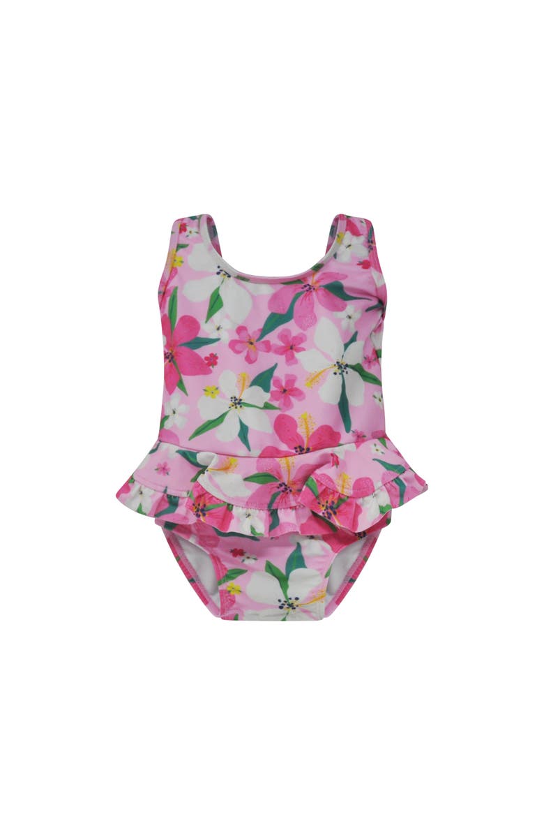 Flap Happy UPF 50+ Stella Infant Ruffle Swimsuit, Main, color, Hibiscus Dream