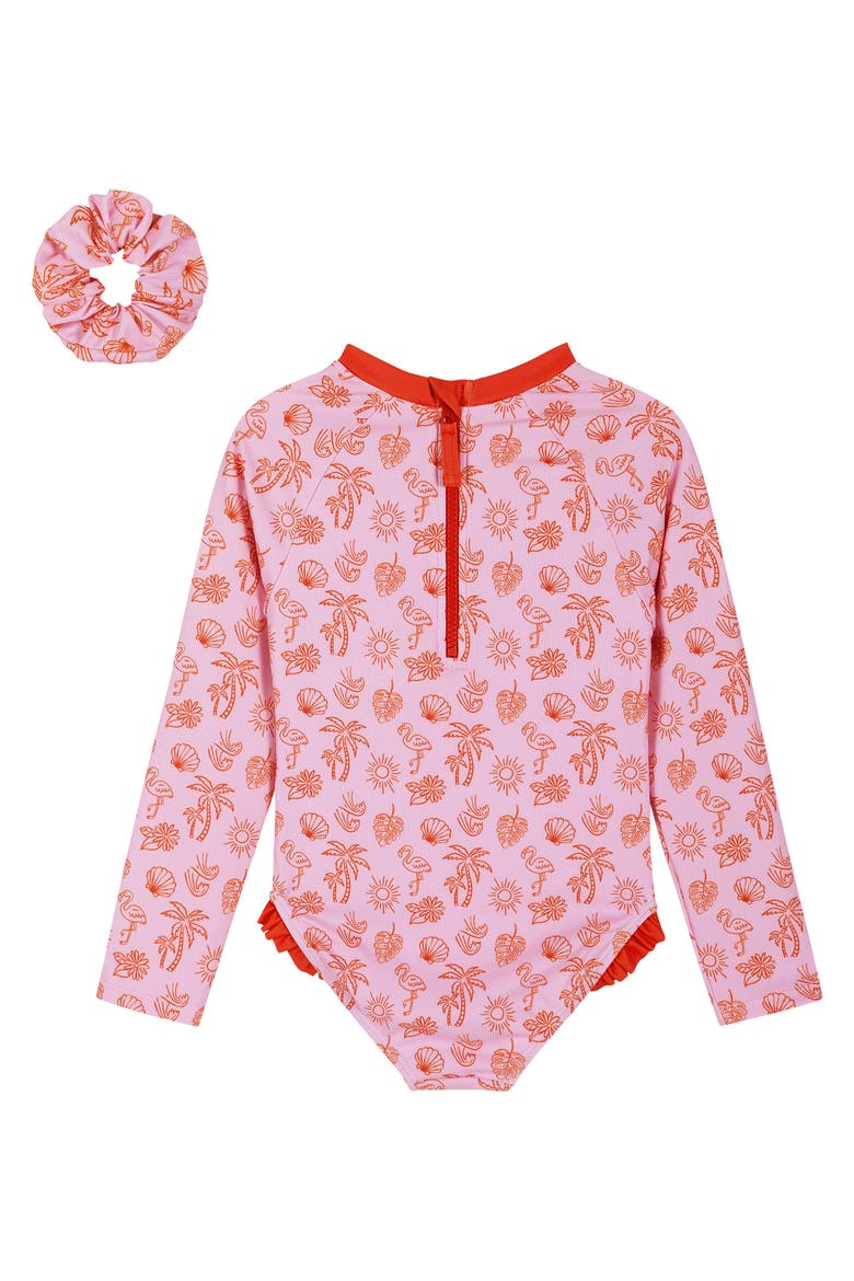 Kids' Long Sleeve One-Piece Rashguard Swimsuit & Scrunchie Set, Alternate, color, PINK