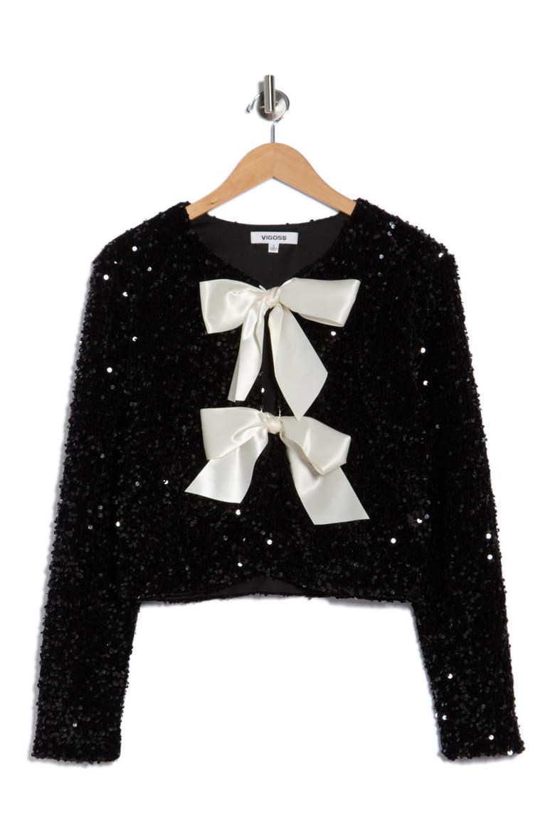 Satin Bow Sequin Jacket, Alternate, color, BLACK