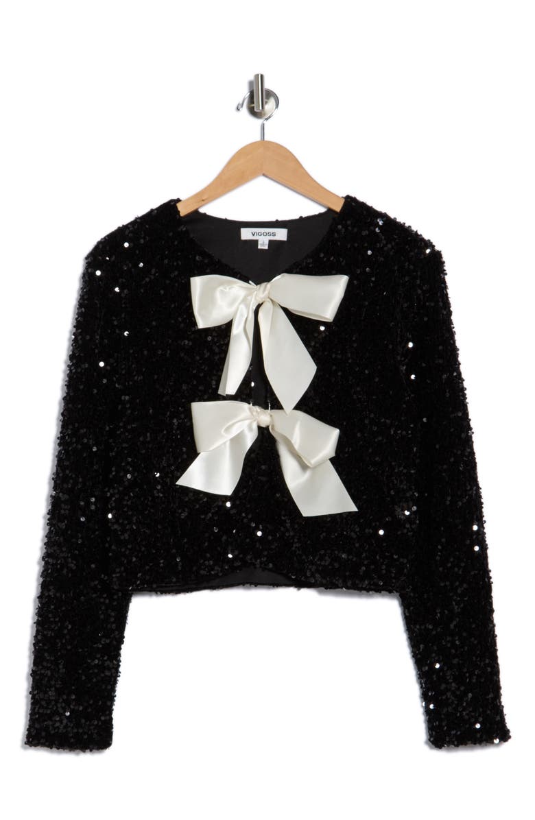 Vigoss Satin Bow Sequin Jacket, Alternate, color, Black