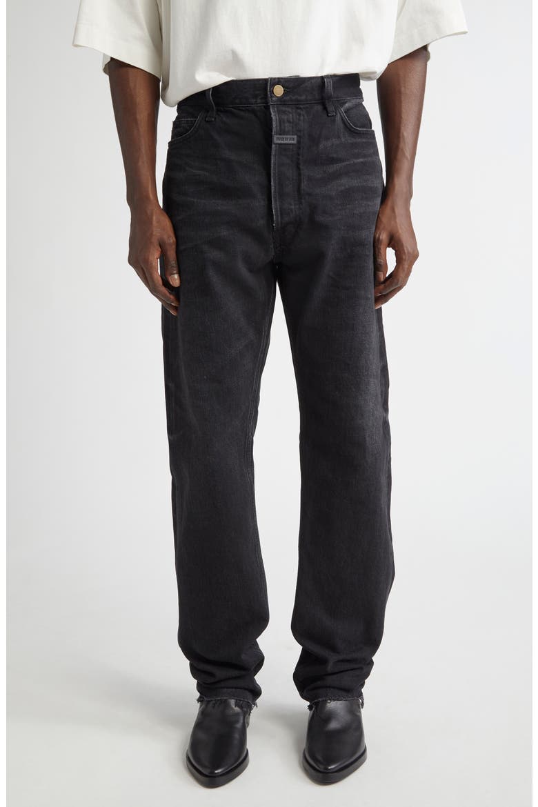 Five-Pocket Raw Hem Straight Leg Jeans, Main, color, BLACK