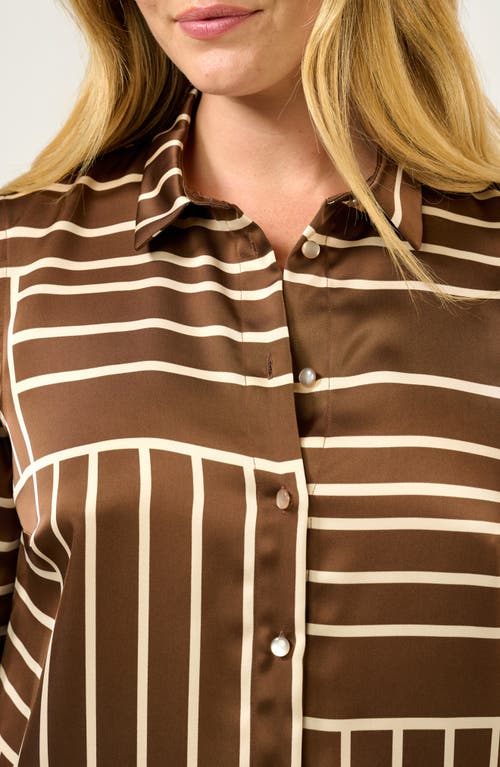 Estelle Josie Geo Stripe Satin Button-up Shirt In Brown