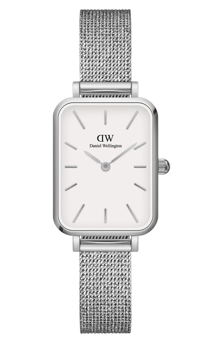 Daniel Wellington Quadro Sterling Mesh Strap Watch, 20mm x 26mm, Main, color, Black / White/ Silver