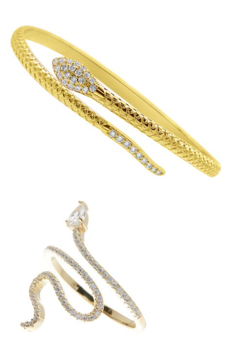 Cubic Zirconia Snake Ring & Cuff Bracelet Set