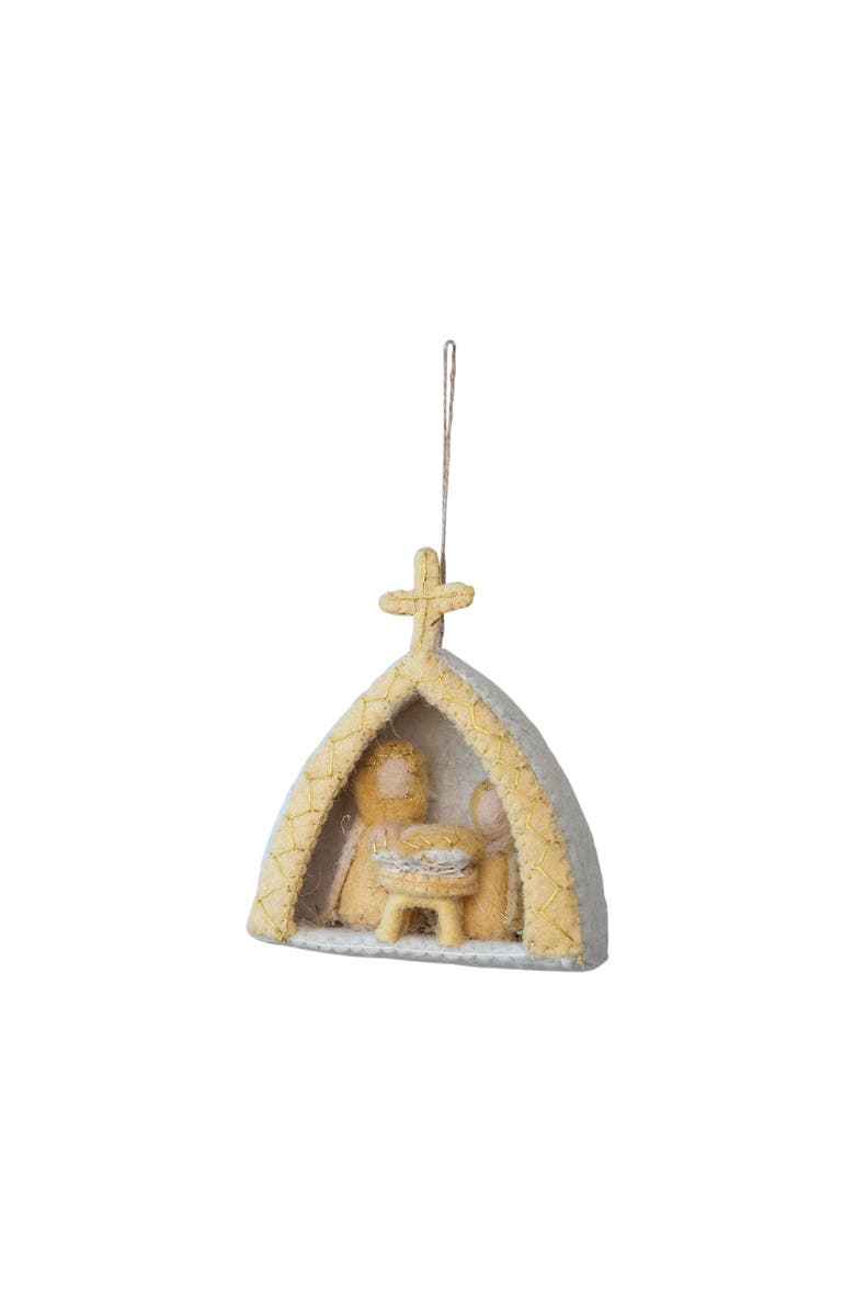 Storied Home Handmade Wool Felt Holy Family Ornament with Metallic Thread Embroidery, Tan and White, Main, color, Tan