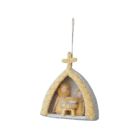 Handmade Wool Felt Holy Family Ornament with Metallic Thread Embroidery, Tan and White