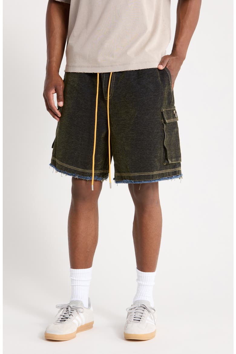Flocked Drawstring Cargo Shorts, Main, color, GREEN/ INDIGO