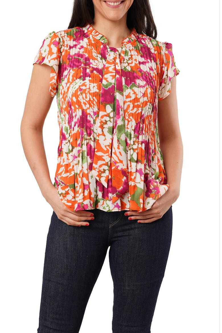 Pleated Tie Neck Short Sleeve Top, Main, color, PAULA WARM