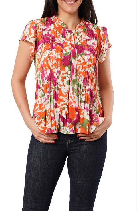 Pleated Tie Neck Short Sleeve Top