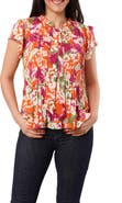 SUNNY LEIGH Pleated Tie Neck Short Sleeve Top