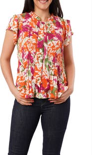 SUNNY LEIGH Pleated Tie Neck Short Sleeve Top