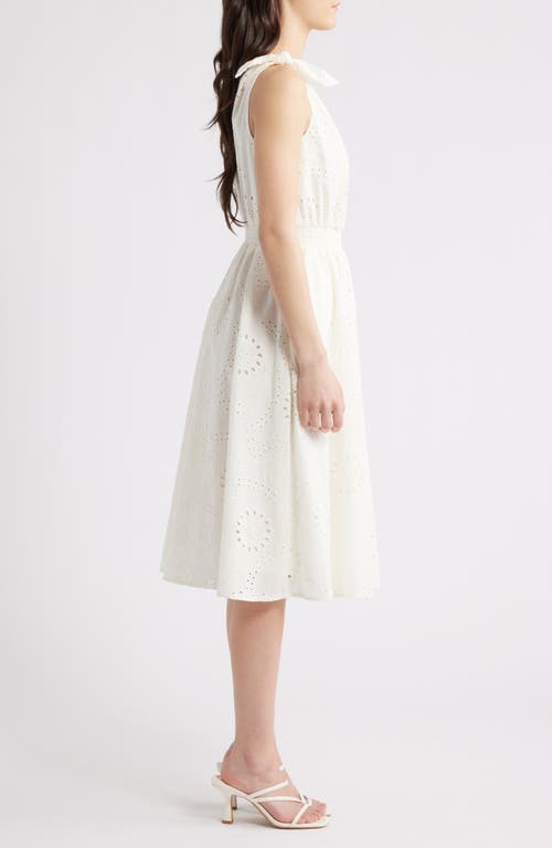 Anne Klein Bow Shoulder Cotton Eyelet Sundress In Pearl White